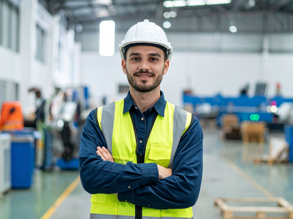 Profissional com capacete e colete de segurança em ambiente industrial